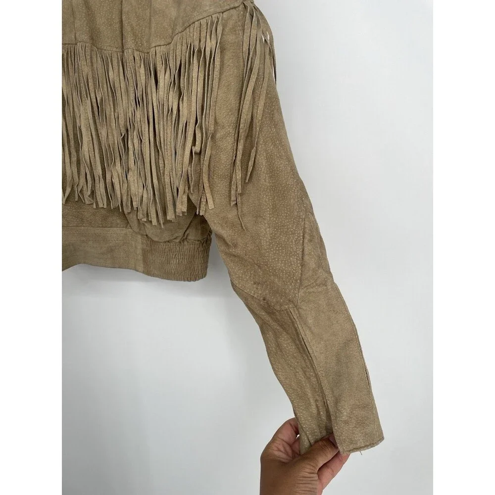 Vintage 80s Western Fringe Suede Leather Cropped Jacket Chia Boho Rodeo Cowgirl - Picture 14 of 16